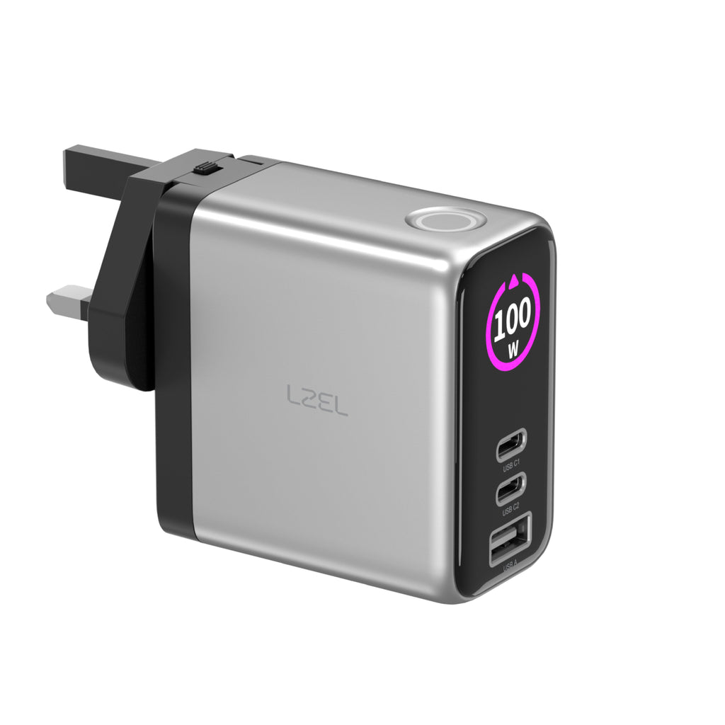 LZEL 100W GaN Travel Charger with 3-Port PD Digital Display & UK/EU/AU Plugs