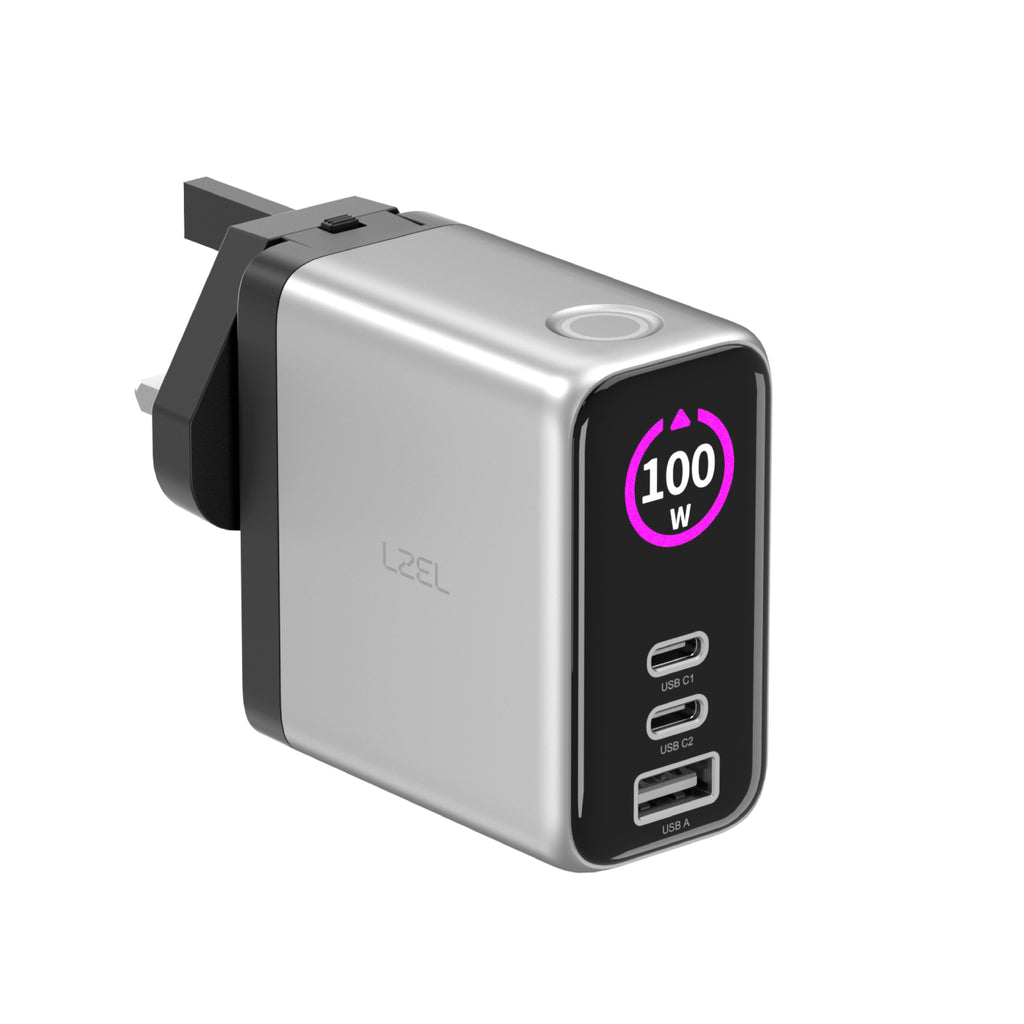 LZEL 100W GaN Travel Charger with 3-Port PD Digital Display & UK/EU/AU Plugs