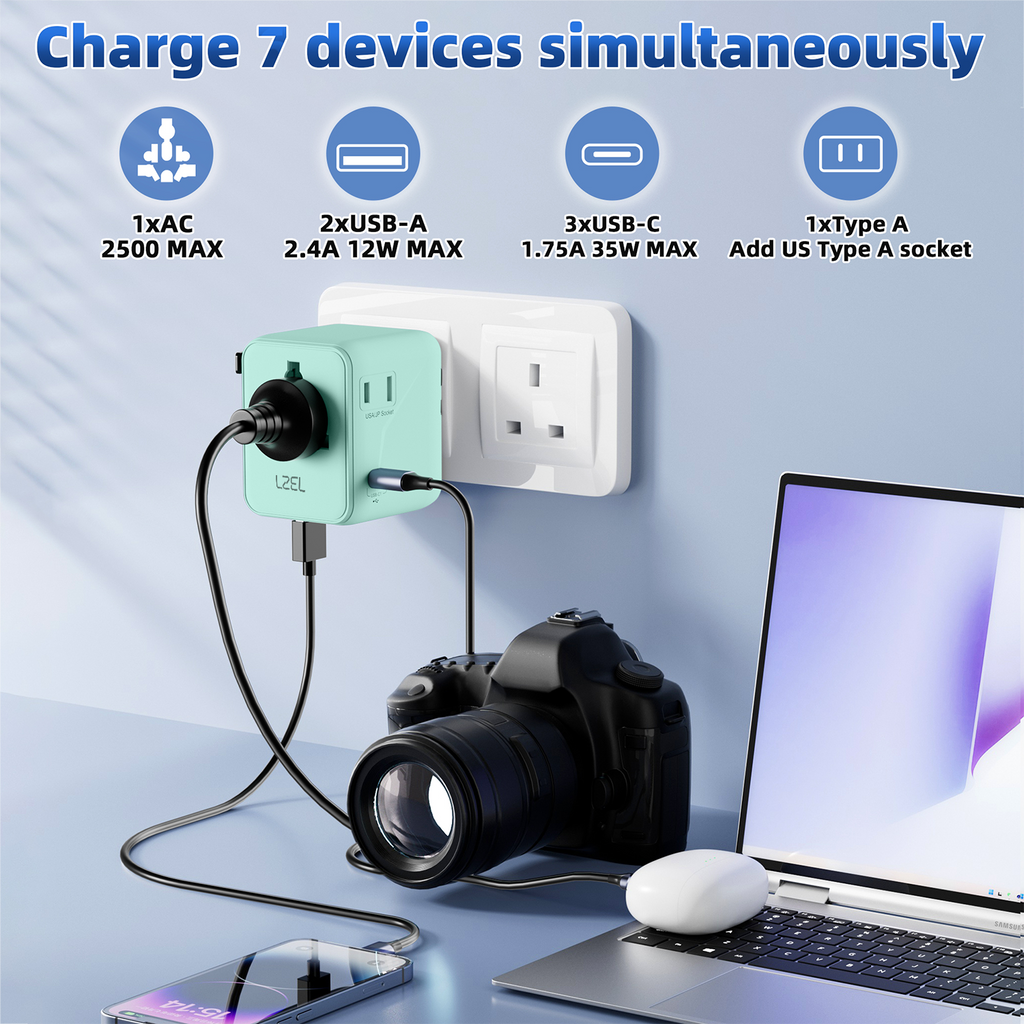 LZEL Voyage GlobePowers 35W GaN III Fast PD Travel Adapter | Green