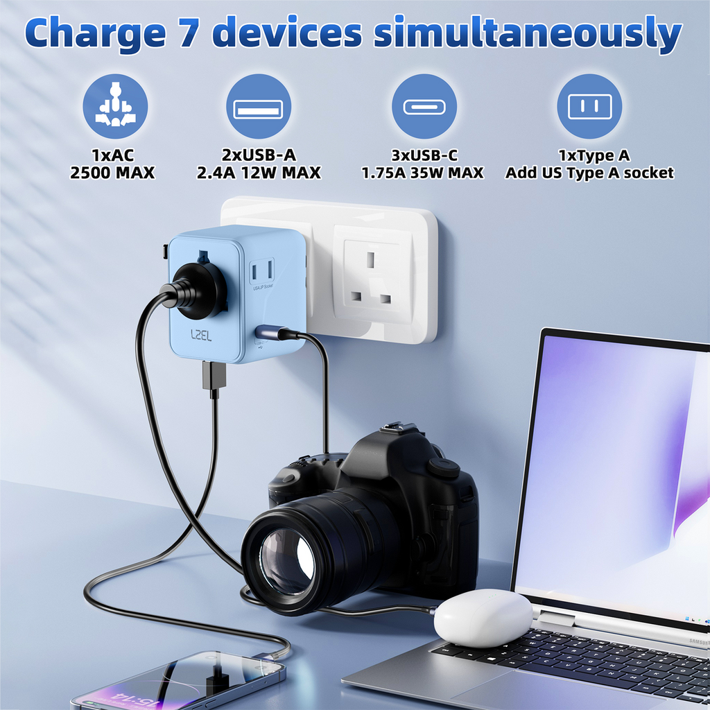 LZEL Voyage GlobePowers 35W GaN III Fast PD Travel Adapter | Blue