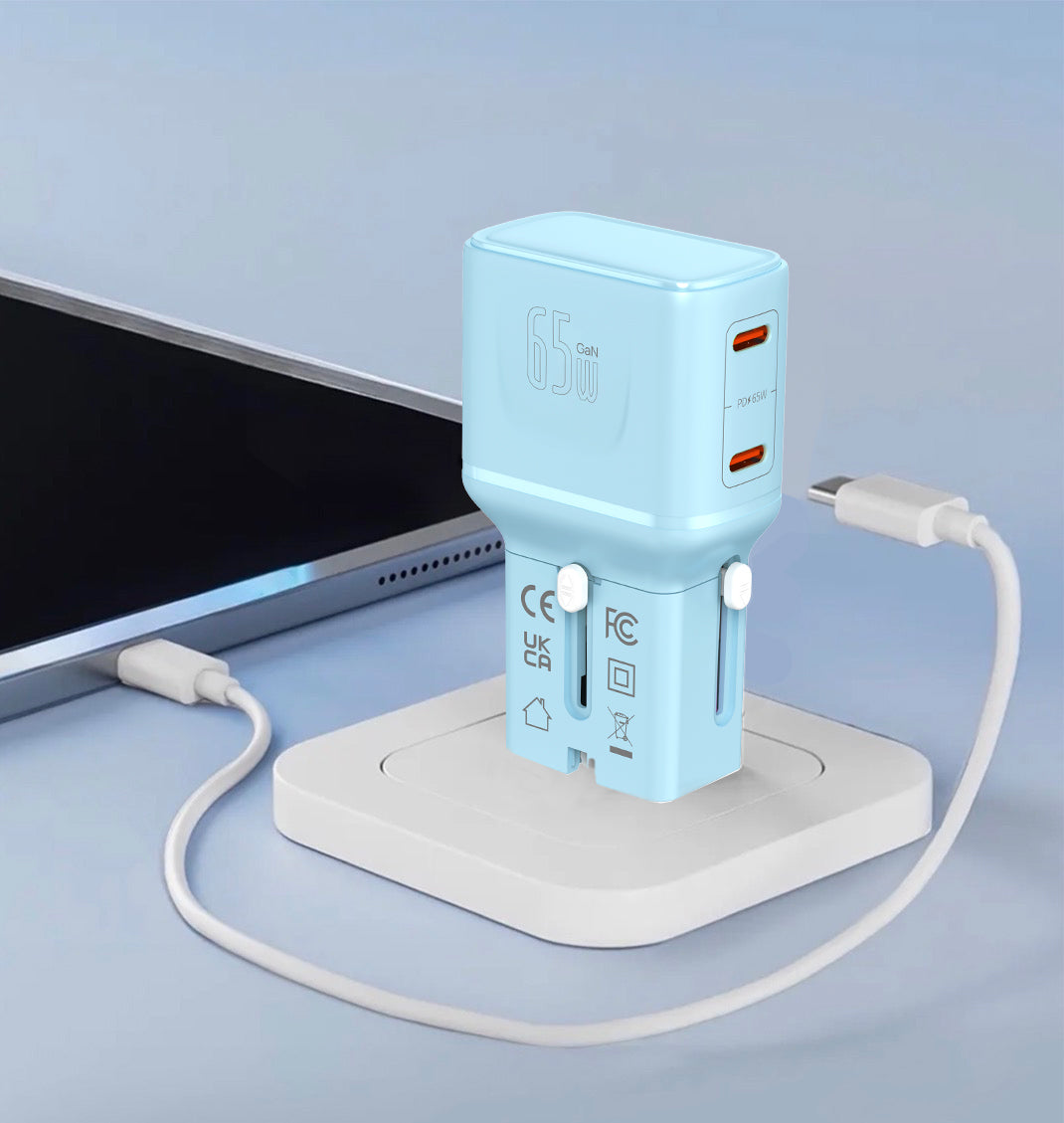 LZEL TravelPro Series Dual Port GaN Travel Wall Charger 65W I Dual Type-C Output I Global compatibility I Blue