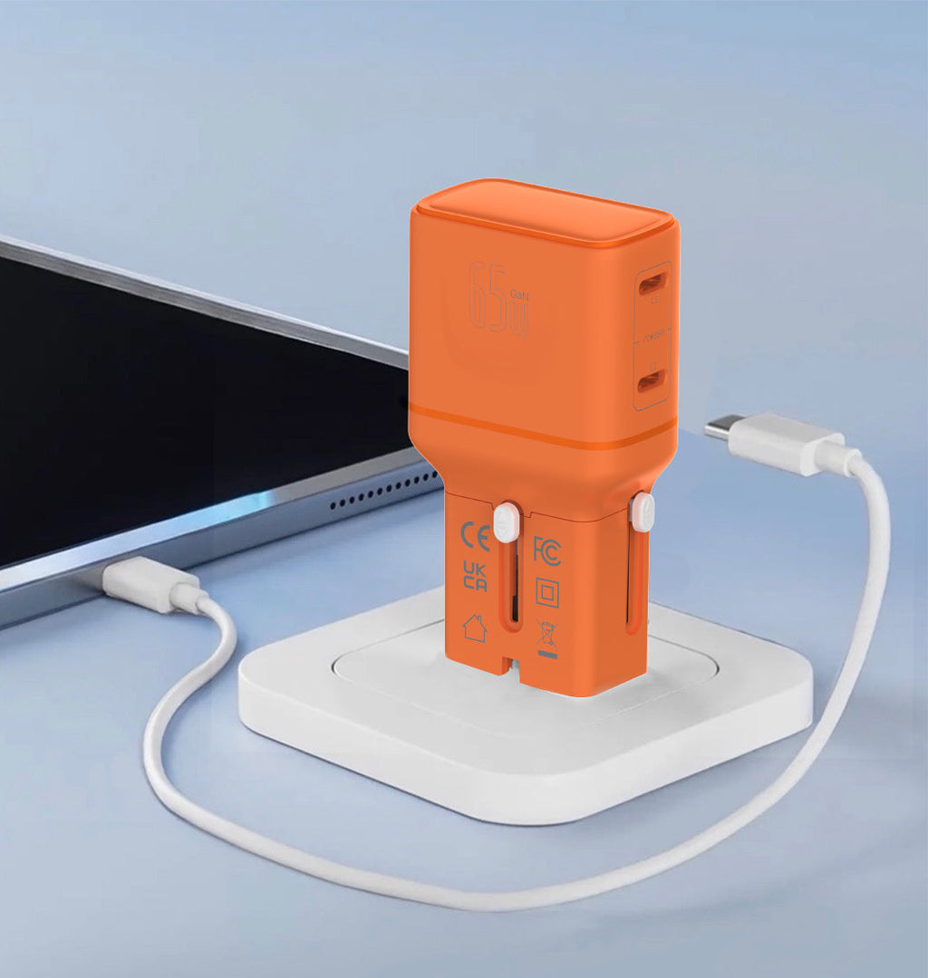 LZEL TravelPro Series Dual Port GaN Travel Wall Charger 65W I Dual Type-C Output I Global compatibility I Orange