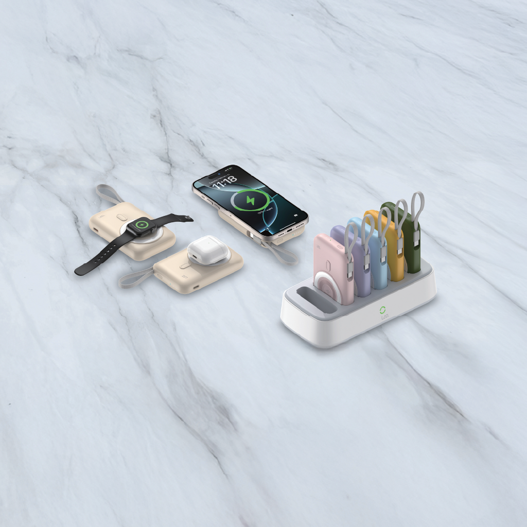LZEL HexaEnergia Station 6x Wireless Powerbank Charging Dock | 10000mAh Full Battery | Built-in Cable | White