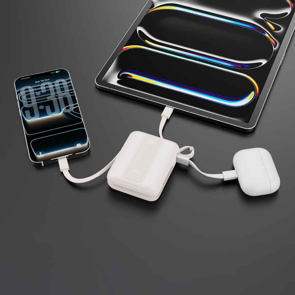 LZEL AMPNEO1O Mini 10000mAh PD Power Bank 30W | Built-in Type-C & Lightning Cable | Type-C Input/Output | Beige