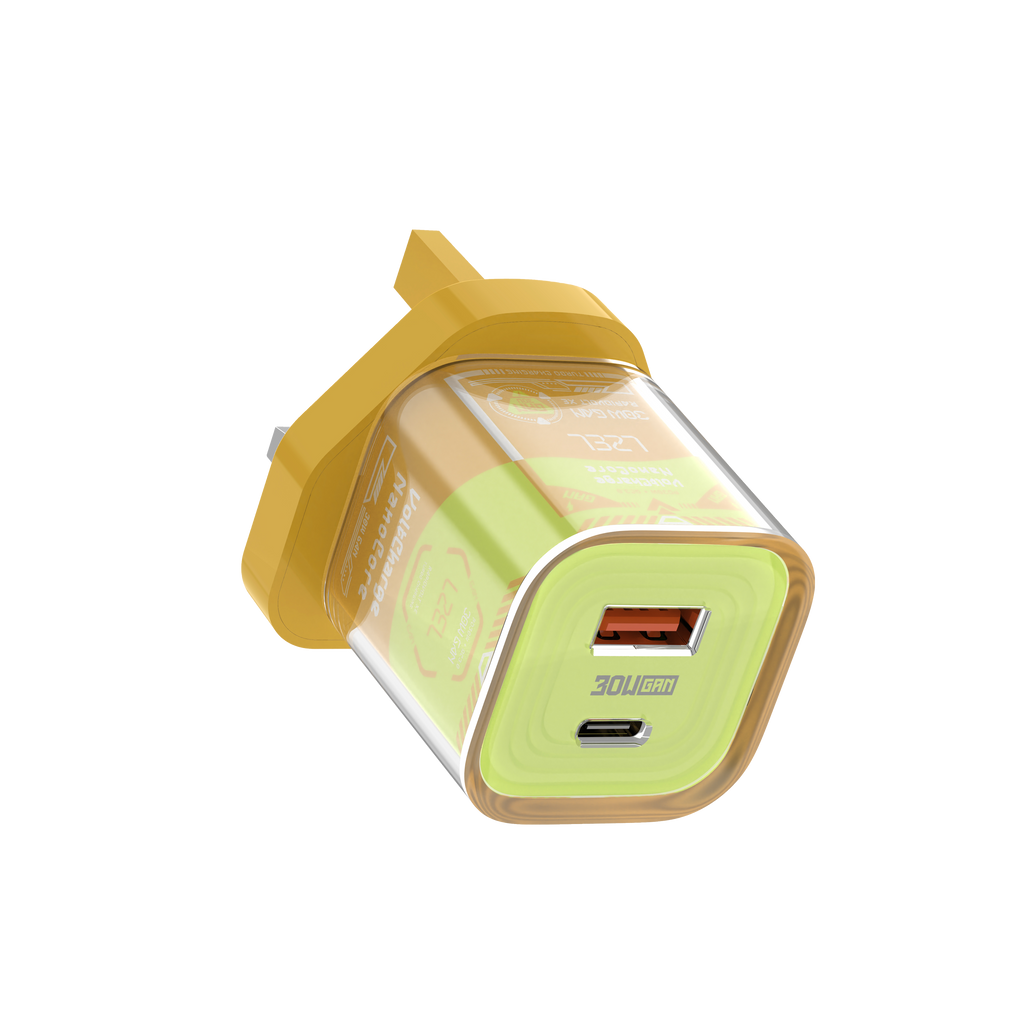 LZEL VoltCharge NanoCore – 30W GaN Transparent Wall Charger | Brown/Green