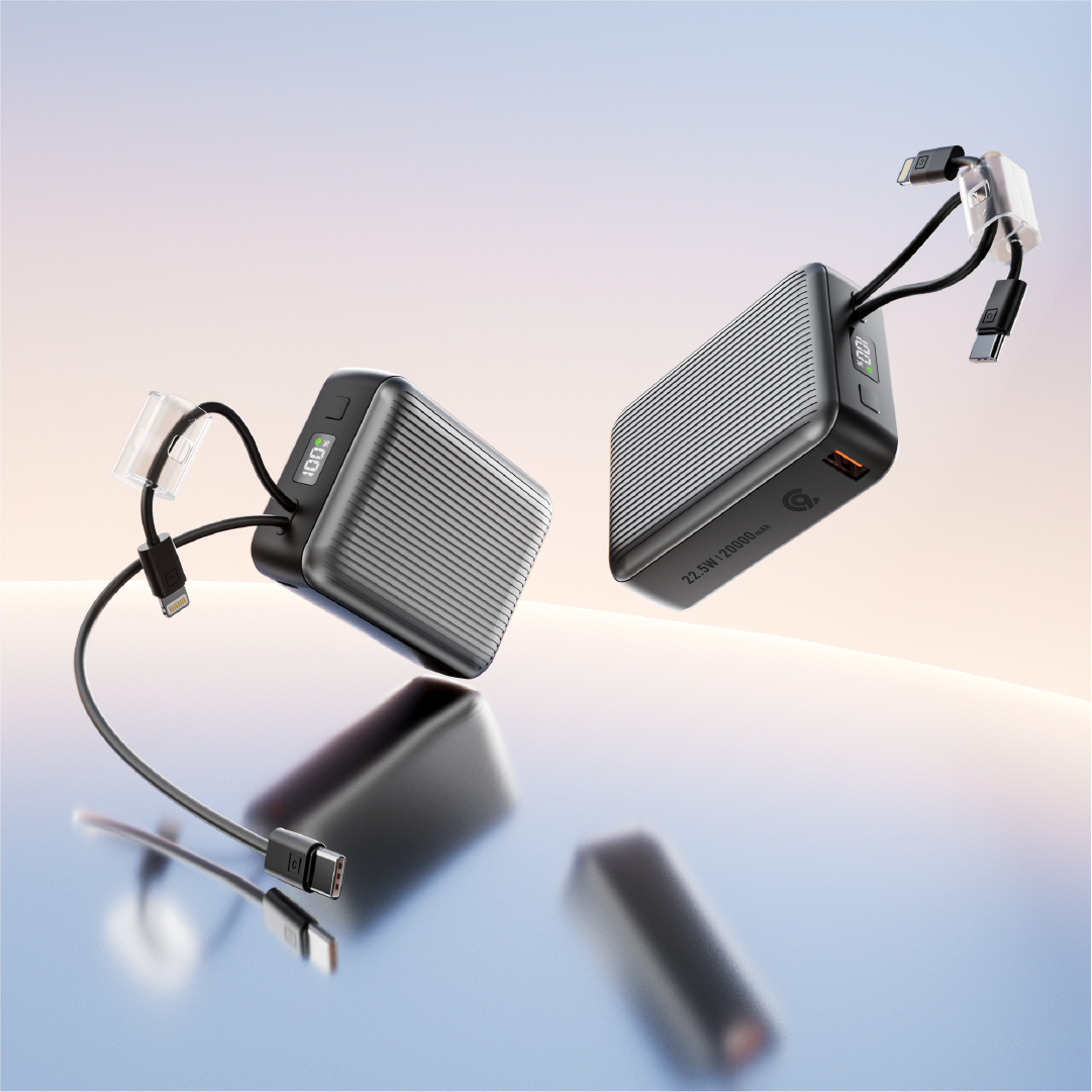 90 Percent Primcore Neo 22.5W Dual Built-In Cables Power Bank Powerdelivery | Qc 3.0 | Usb-C & Usb-A, And With Lightning | Gray