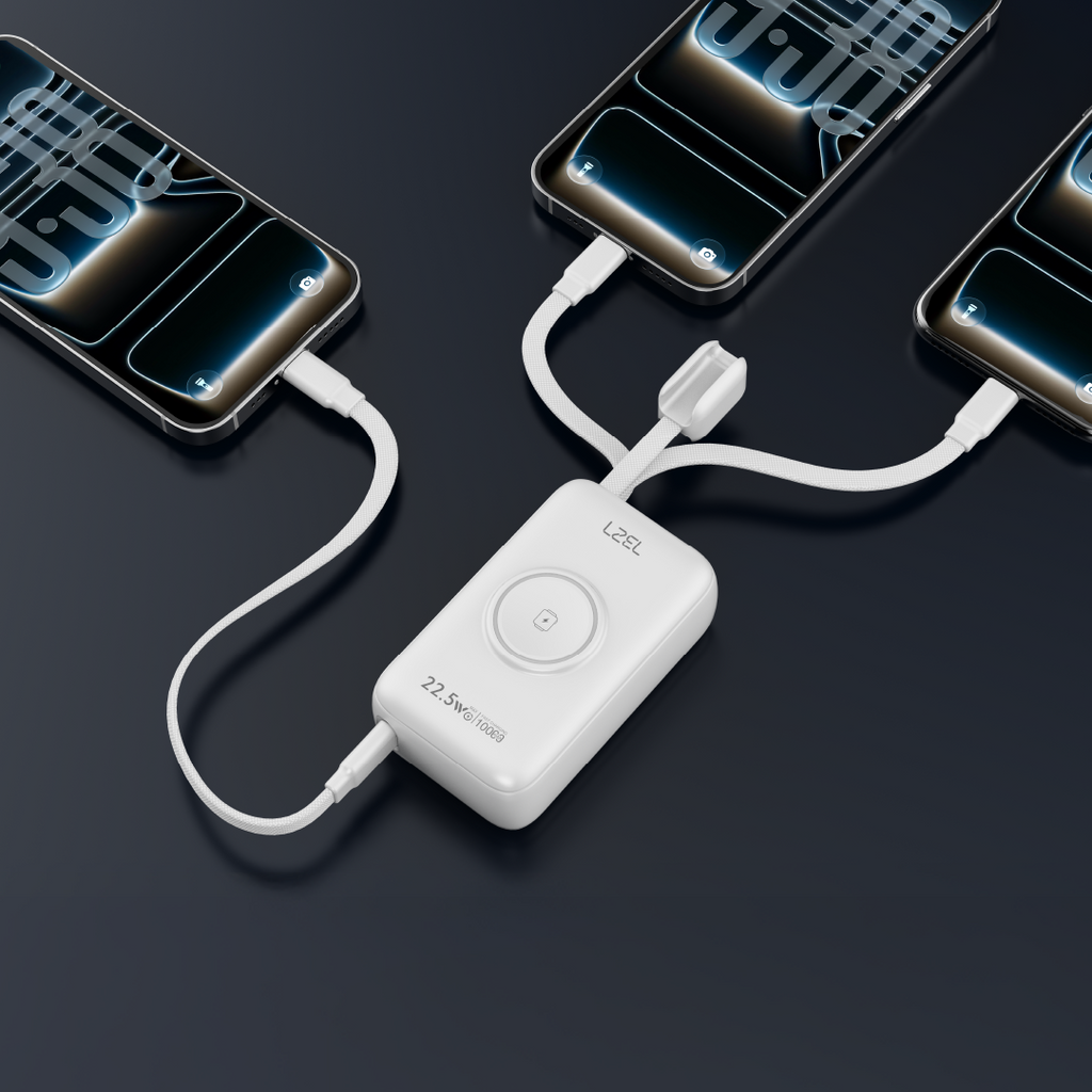 LZEL Ampflow10 Mini 10000Mah Pd Power Bank 22.5W | Built-In Type-C & Lightning Cable | Wireless Charging | White