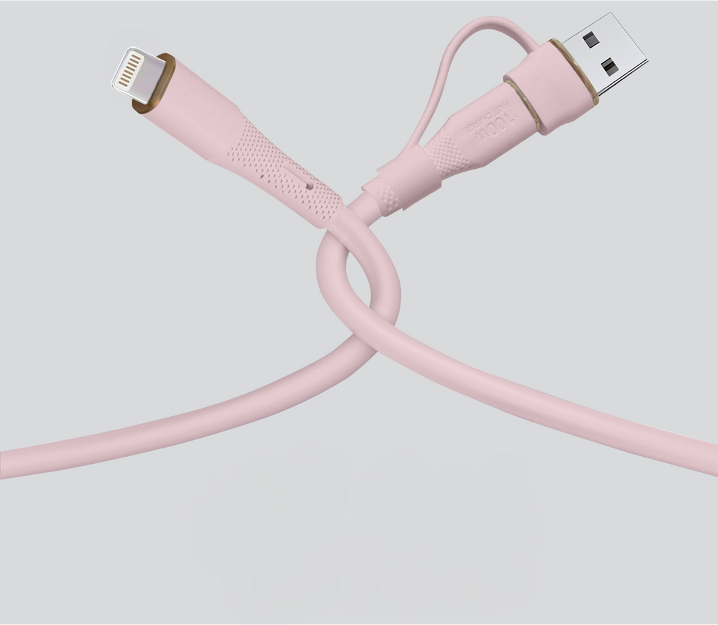 LZEL Celeris PowerDuo – 2-in-1 USB-C to Lightning 27W Silicone Cable (1m) Built-in USB-A Connector | Pink
