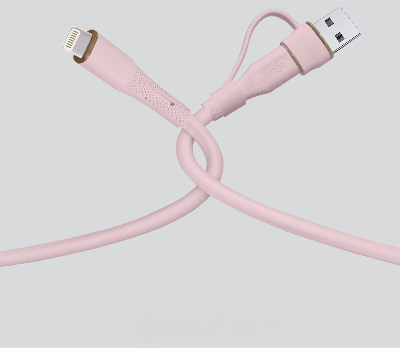 LZEL Celeris PowerDuo – 2-in-1 USB-C to Lightning 27W Silicone Cable (1m) Built-in USB-A Connector | Pink