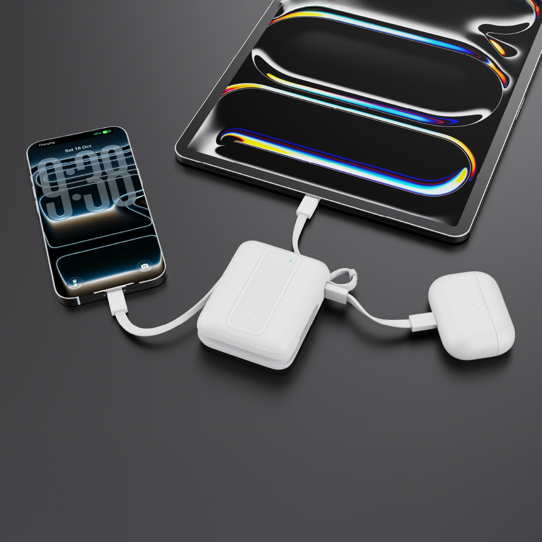 LZEL AMPNEO1O Mini 10000mAh PD Power Bank 30W | Built-in Type-C & Lightning Cable | Type-C Input/Output | White