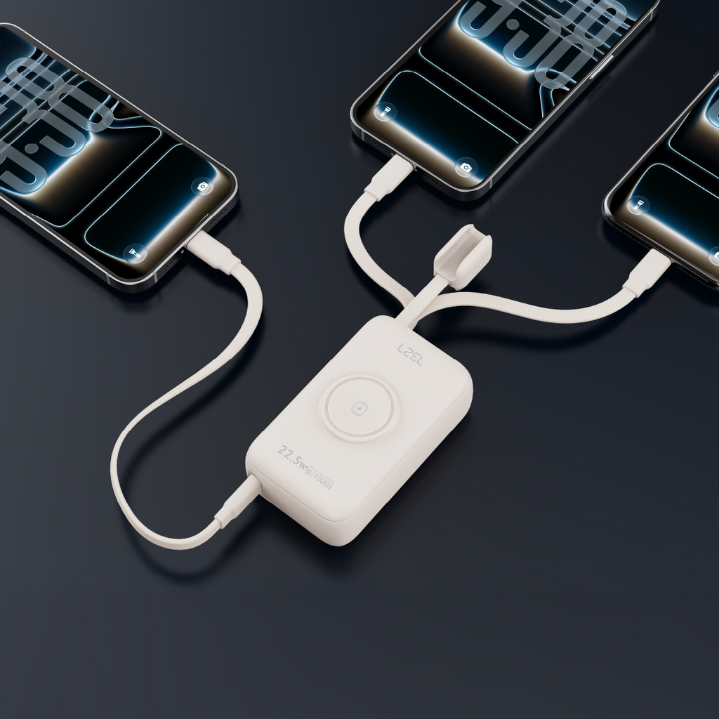 LZEL Ampflow10 Mini 10000Mah Pd Power Bank 22.5W | Built-In Type-C & Lightning Cable | Wireless Charging | Beige