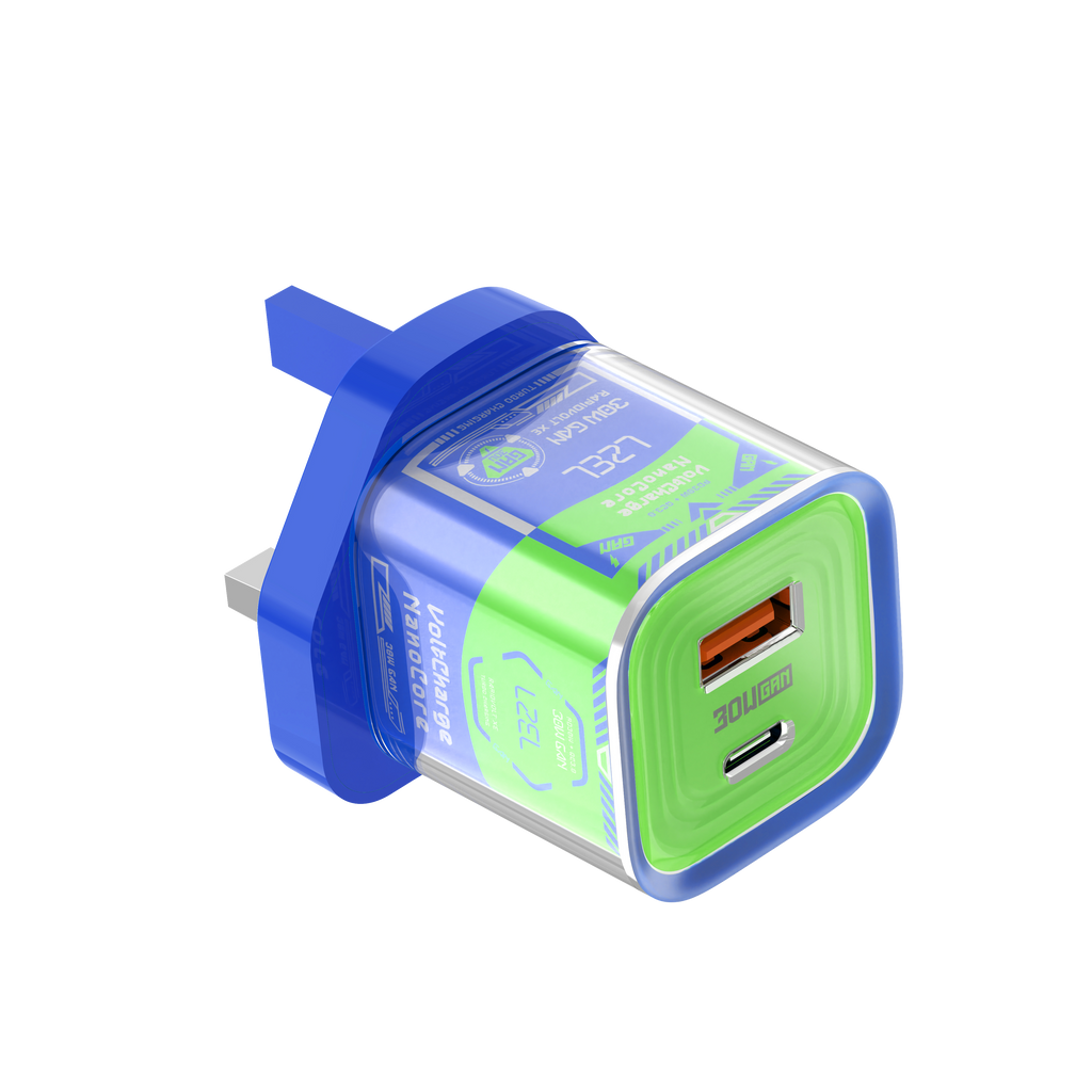 LZEL VoltCharge NanoCore – 30W GaN Transparent Wall Charger | Blue/Green