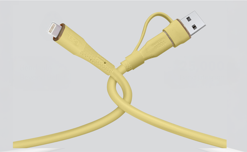 LZEL Celeris PowerDuo – 2-in-1 USB-C to Lightning 27W Silicone Cable (1m) Built-in USB-A Connector | Yellow