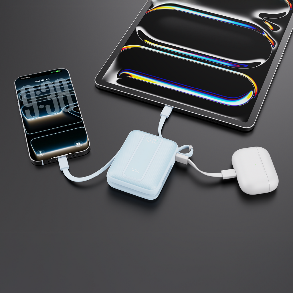 LZEL AMPNEO1O Mini 10000mAh PD Power Bank 30W | Built-in Type-C & Lightning Cable | Type-C Input/Output | Blue