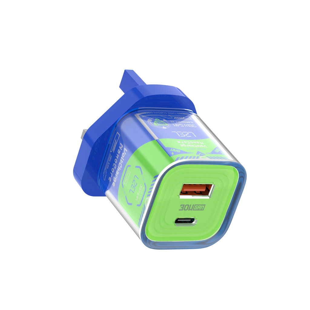 LZEL VoltCharge NanoCore – 30W GaN Transparent Wall Charger | Blue/Green
