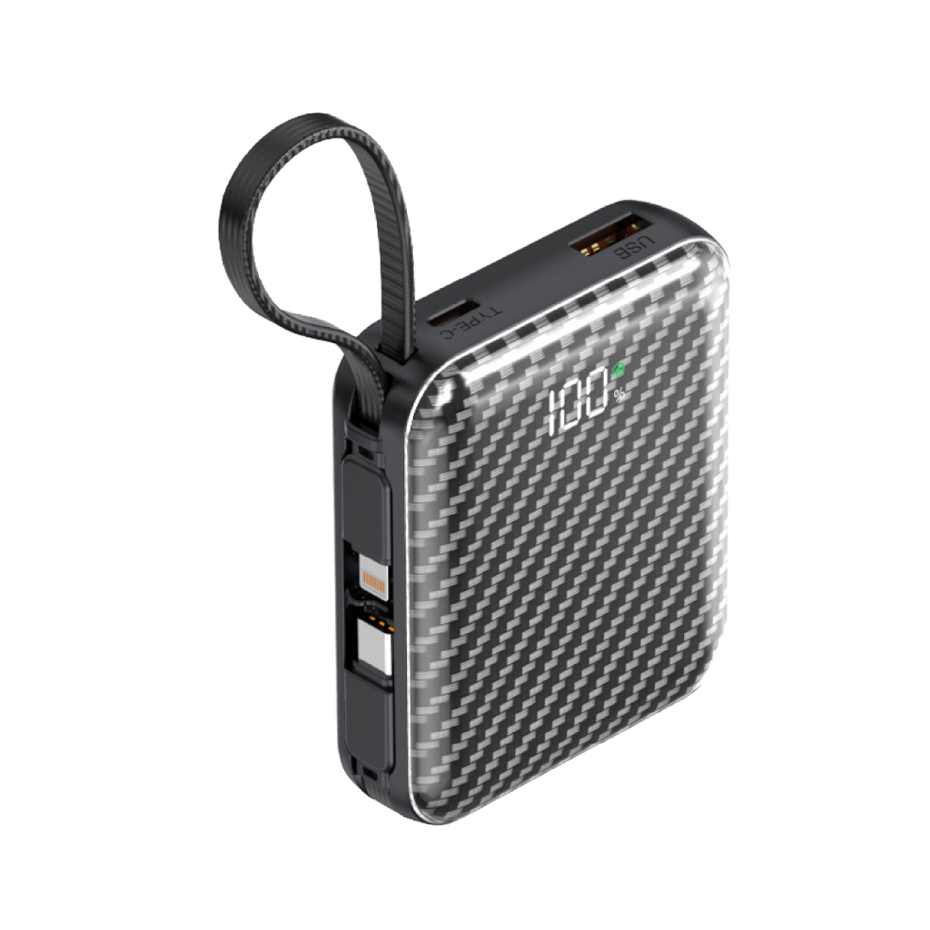 Asli Global Chargeflux Mini Super Fast Charge Powerbank With Built-In Type-C & Lightning Cable | Black