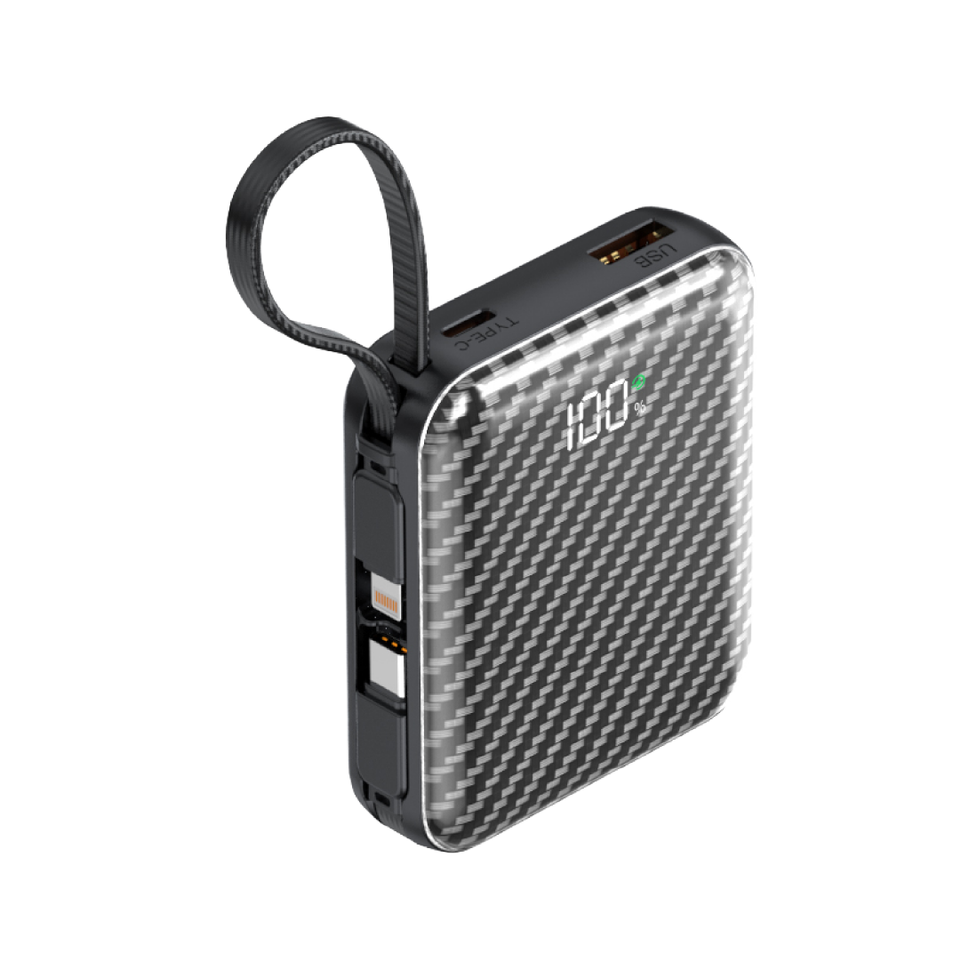 Asli Global Chargeflux Mini Super Fast Charge Powerbank With Built-In Type-C & Lightning Cable | Black
