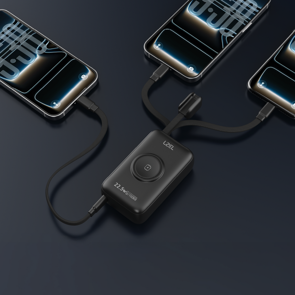 LZEL Ampflow10 Mini 10000Mah Pd Power Bank 22.5W | Built-In Type-C & Lightning Cable | Wireless Charging | Black