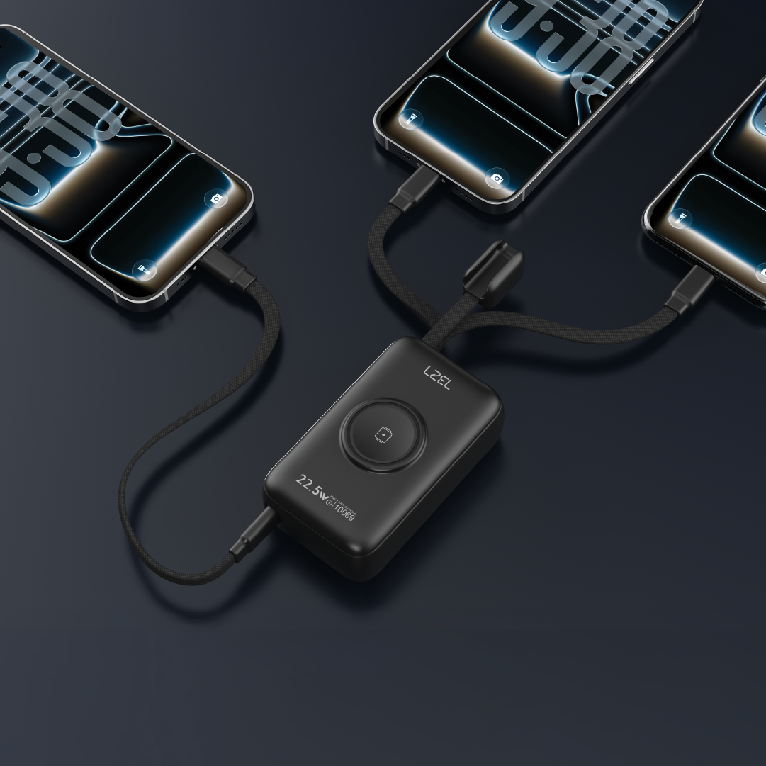 LZEL Ampflow10 Mini 10000Mah Pd Power Bank 22.5W | Built-In Type-C & Lightning Cable | Wireless Charging | Black