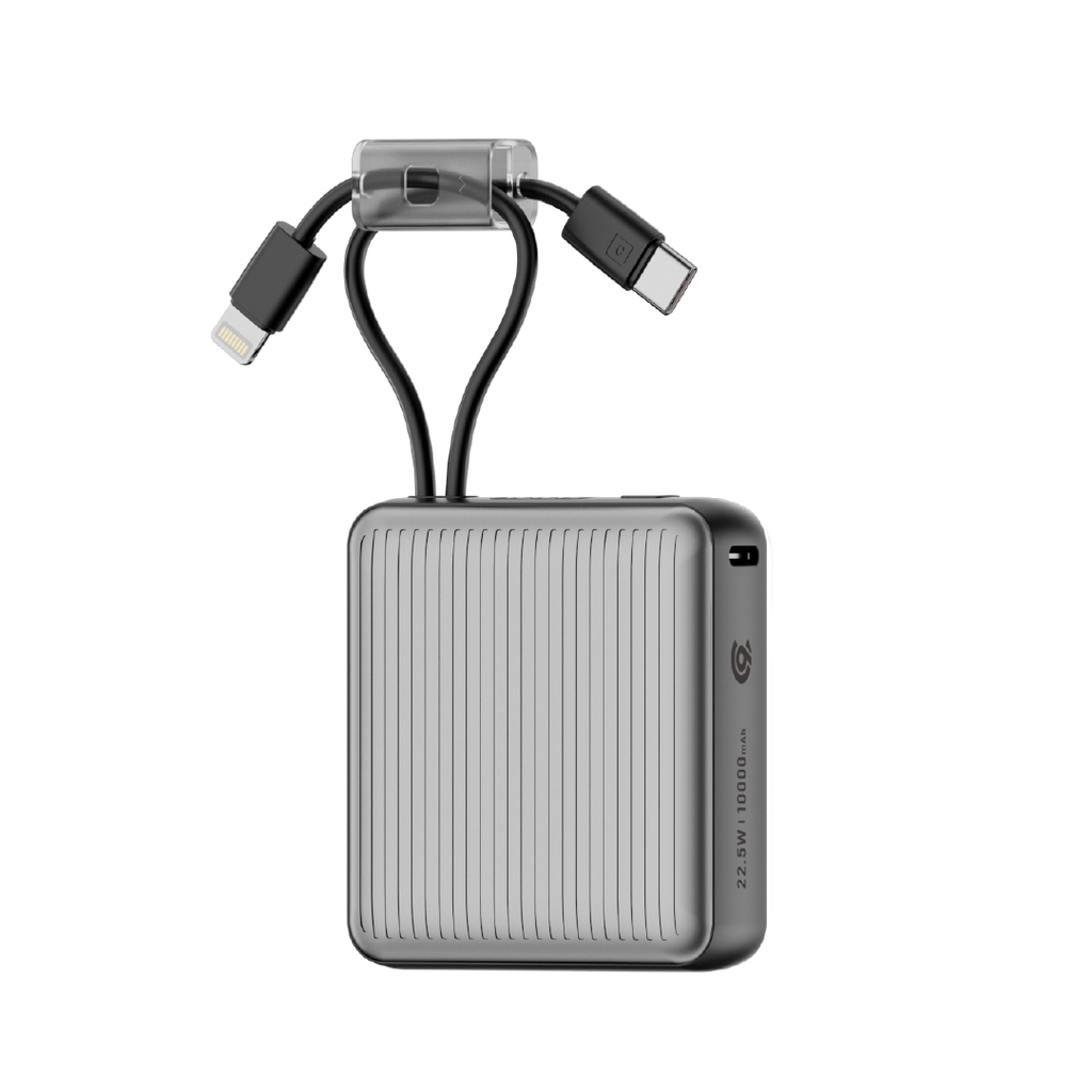 90 Percent Primcore Neo 22.5W Dual Built-In Cables Power Bank Powerdelivery | Qc 3.0 | Usb-C & Lightning | Gray