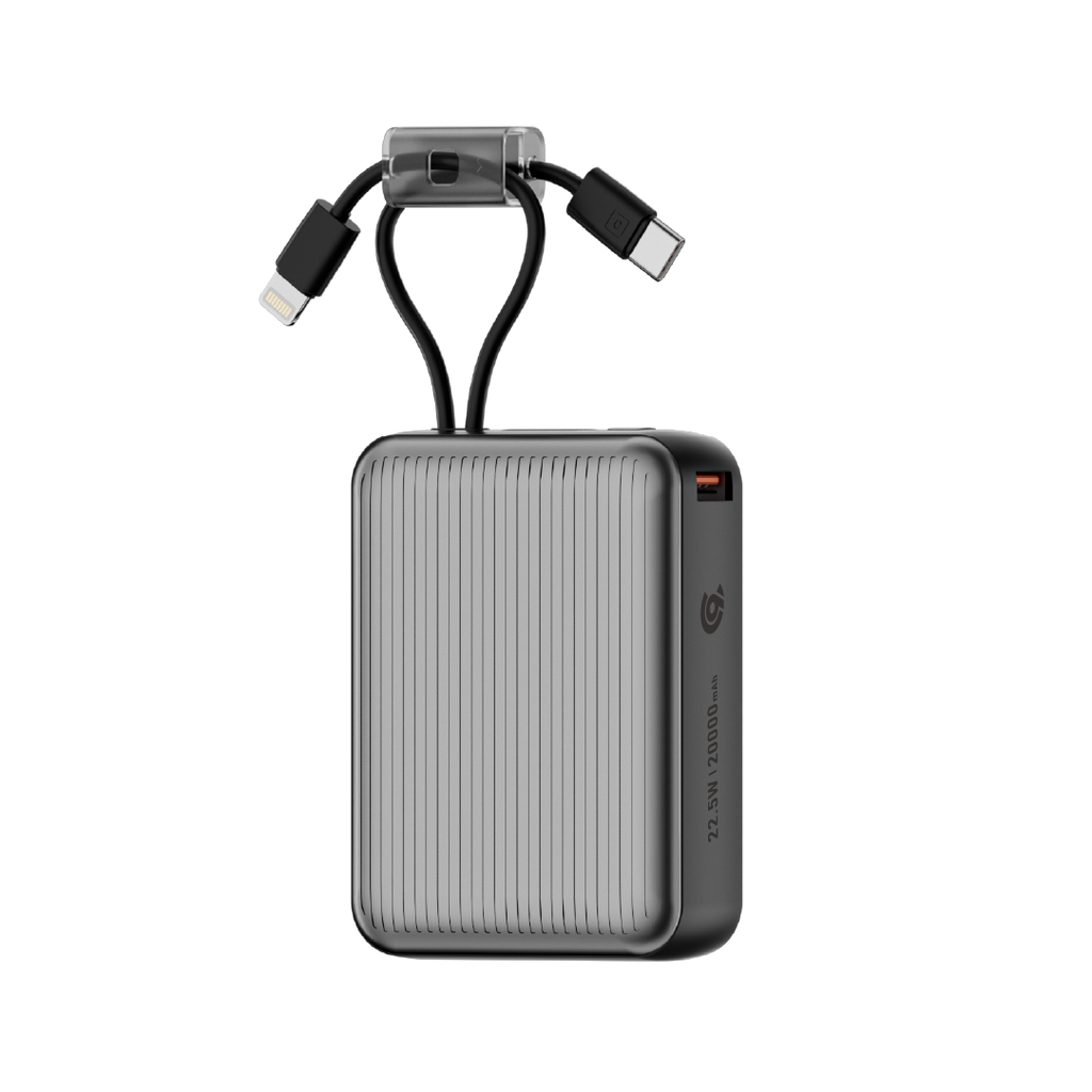 90 Percent Primcore Neo 22.5W Dual Built-In Cables Power Bank Powerdelivery | Qc 3.0 | Usb-C & Usb-A, And With Lightning | Gray