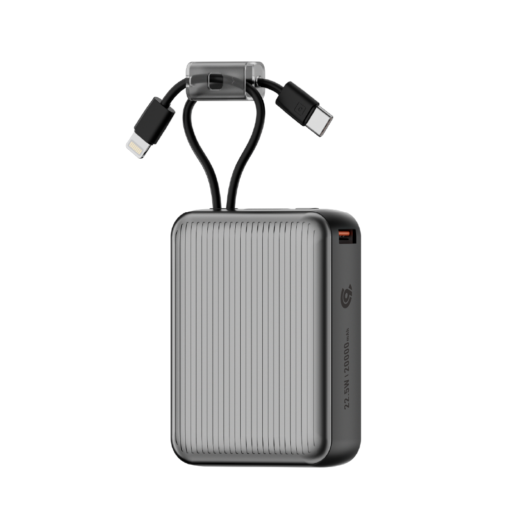 90 Percent Primcore Neo 22.5W Dual Built-In Cables Power Bank Powerdelivery | Qc 3.0 | Usb-C & Usb-A, And With Lightning | Gray