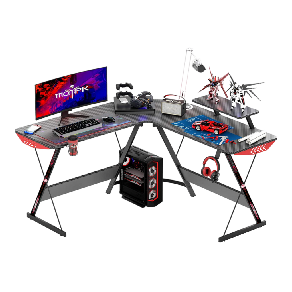 GAMEON L-Shaped Slayer I Series Gaming Desk (Size: 129*129*74cm & Table top 80*46cm) With Headset Hook, Cup Holder & Accessories Stand | Black