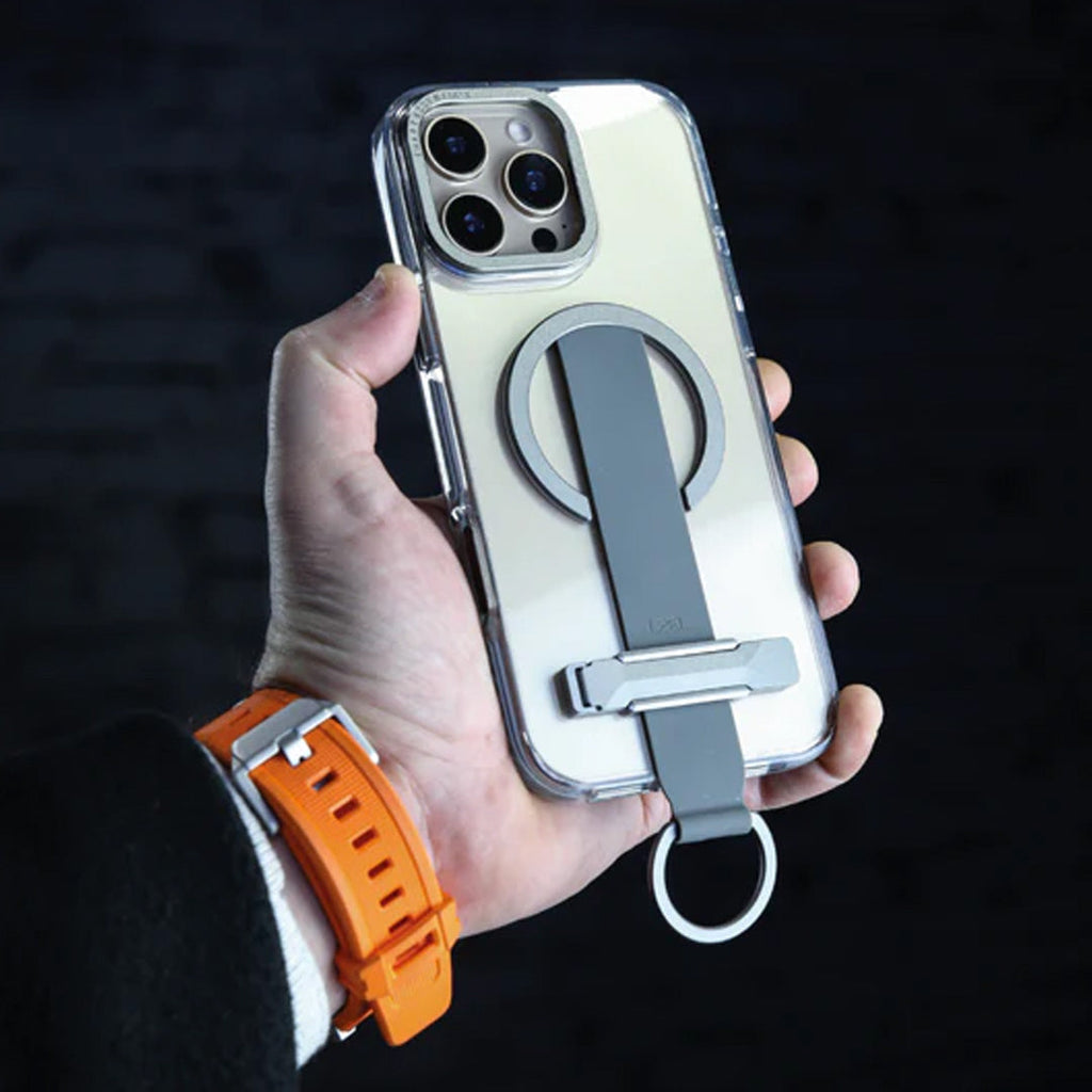 LZEL iPhone 16 Pro Primemag Grip Anti-drop Case With Metal Ring And Silicone Band | Clear/Gray