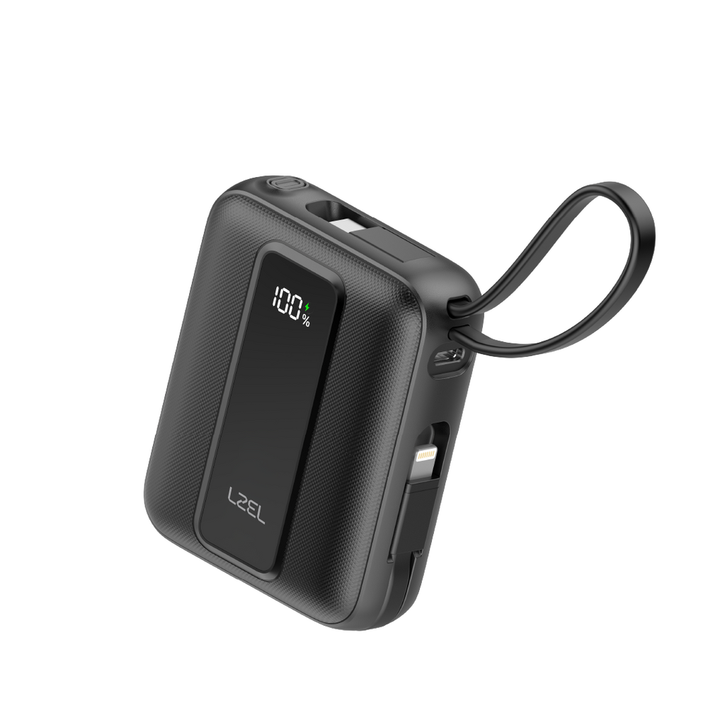LZEL AMPNEO1O Mini 10000mAh PD Power Bank 30W | Built-in Type-C & Lightning Cable | Type-C Input/Output | Black