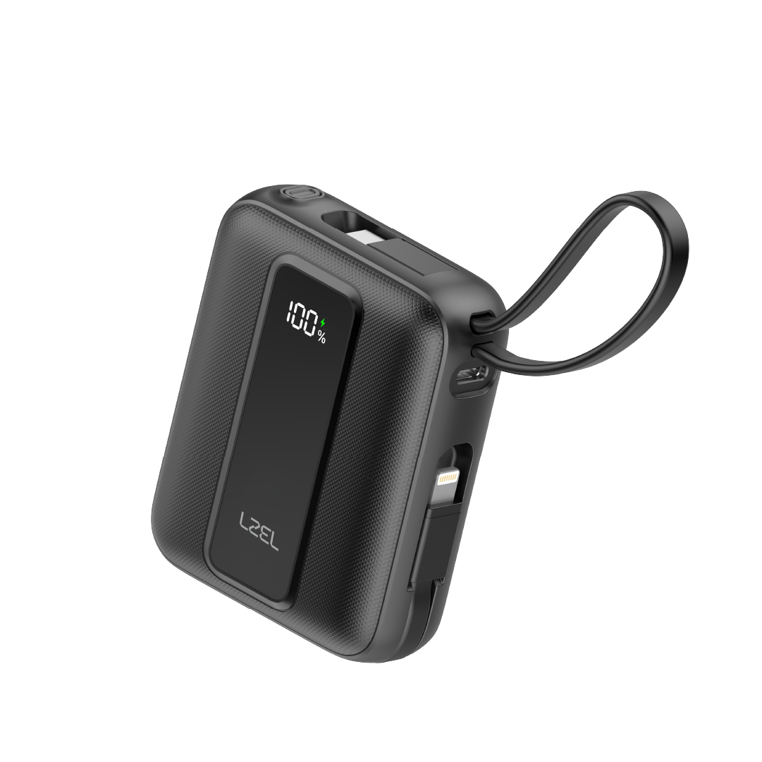 LZEL AMPNEO1O Mini 10000mAh PD Power Bank 30W | Built-in Type-C & Lightning Cable | Type-C Input/Output | Black
