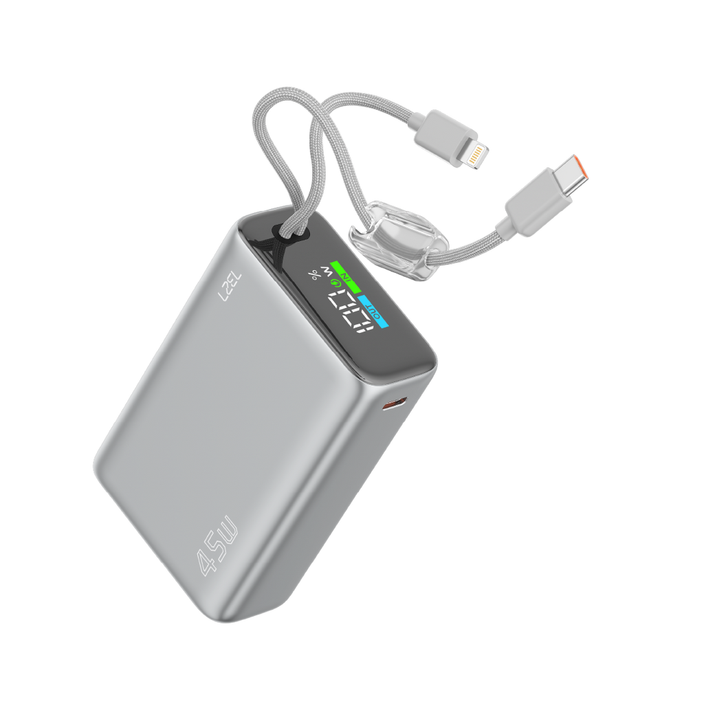 LZEL Neurode 20K Pd45W Mini Power Bank Pd3.0 & Qc3.0 | Usb-C Cable & Lighting Cable | Silver