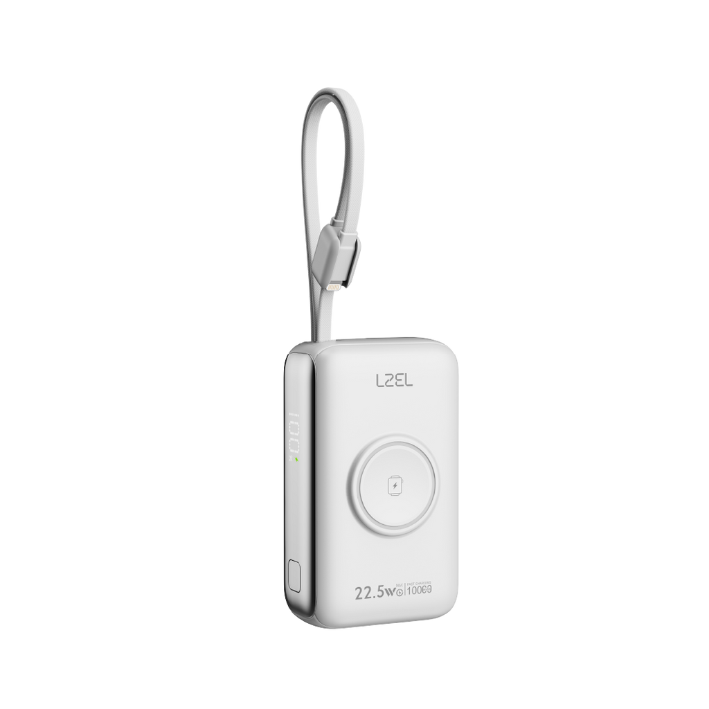 LZEL Ampflow10 Mini 10000Mah Pd Power Bank 22.5W | Built-In Type-C & Lightning Cable | Wireless Charging | White