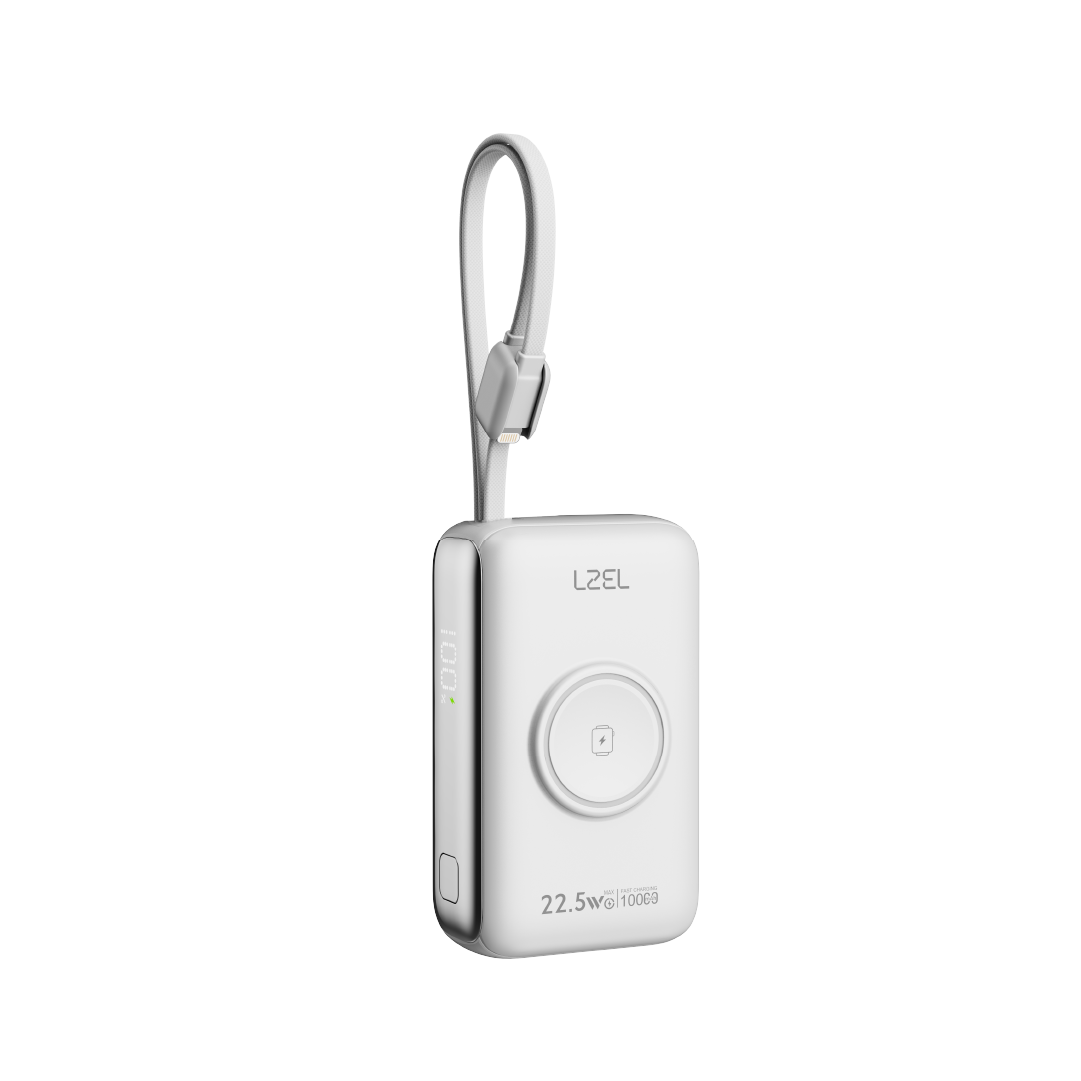 LZEL Ampflow10 Mini 10000Mah Pd Power Bank 22.5W | Built-In Type-C & Lightning Cable | Wireless Charging | White