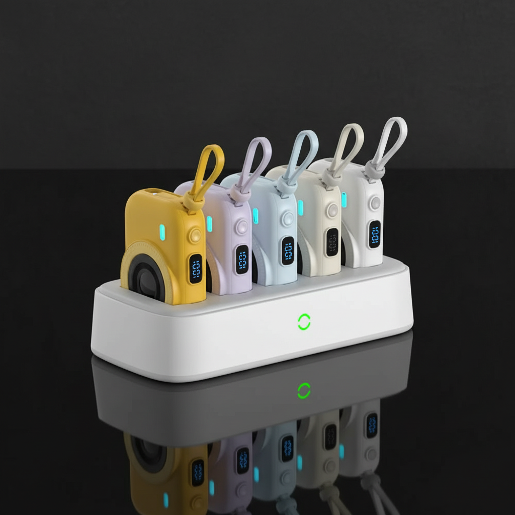 LZEL PentaEnergia Station - 5X 10,000mAh Wireless Power Bank Charging Dock with Colorful Batteries & Built-in Cable | White
