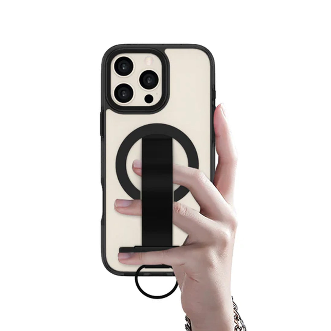 LZEL iPhone 16 Pro Primemag Grip Anti-drop Case With Metal Ring And Silicone Band | Clear/Black