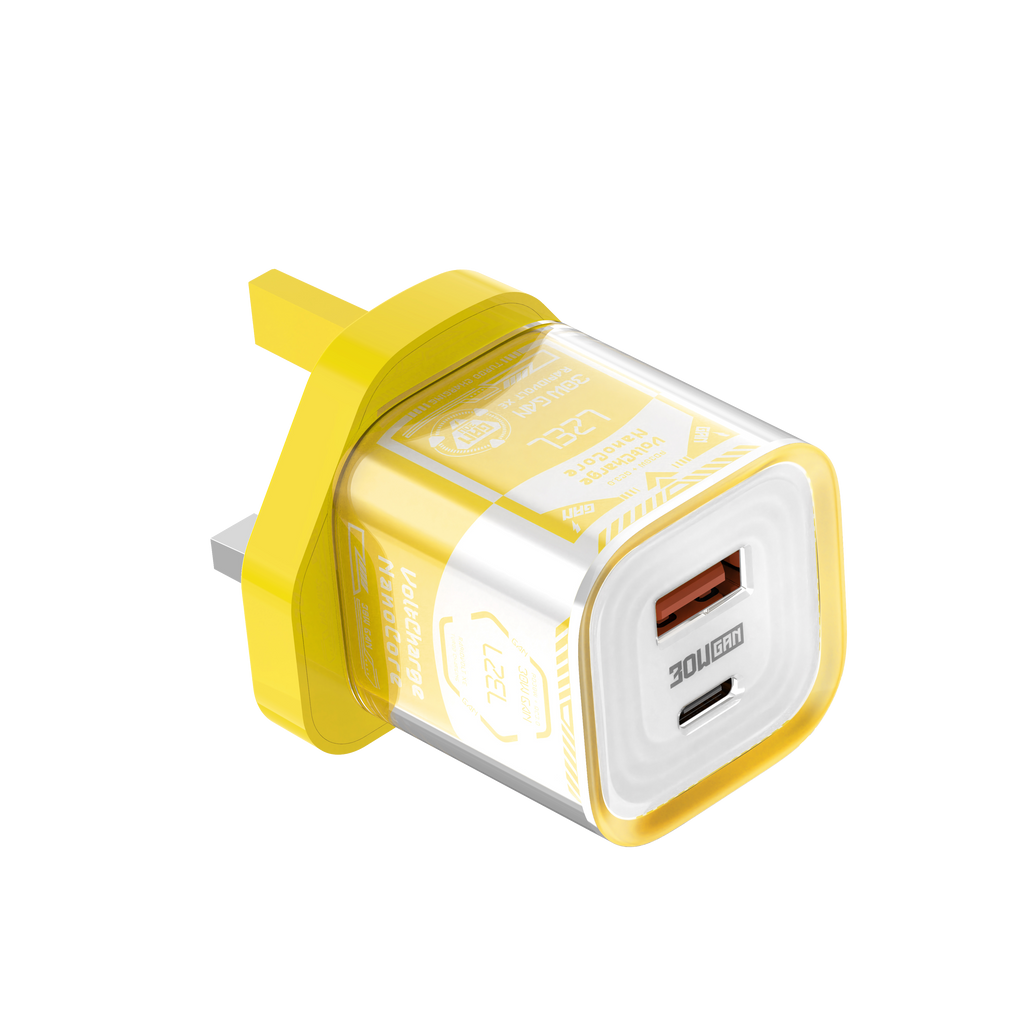 LZEL VoltCharge NanoCore – 30W GaN Transparent Wall Charger | Yellow/White