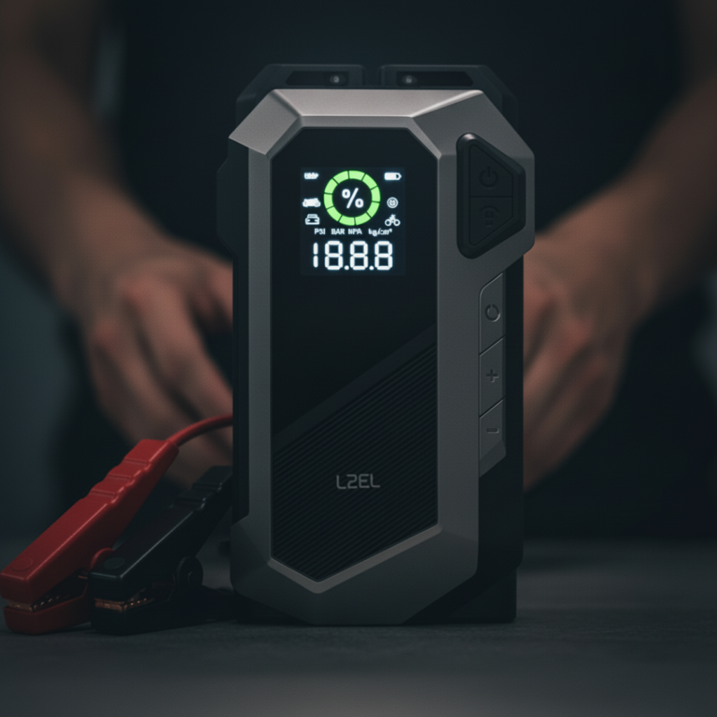 LZEL EnergizeIgnite X - 12,000mAh Car Jump Starter with LED Flashlight & Air Compressor | Gray/Black