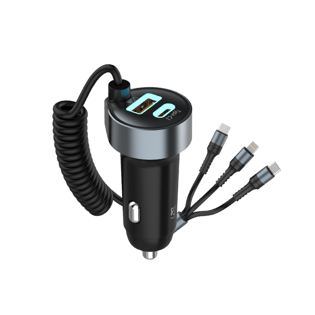 LZEL PulseCharge Pro3 50W Dual Port - USB C PD & USB A - Car Charger with Built in Cables