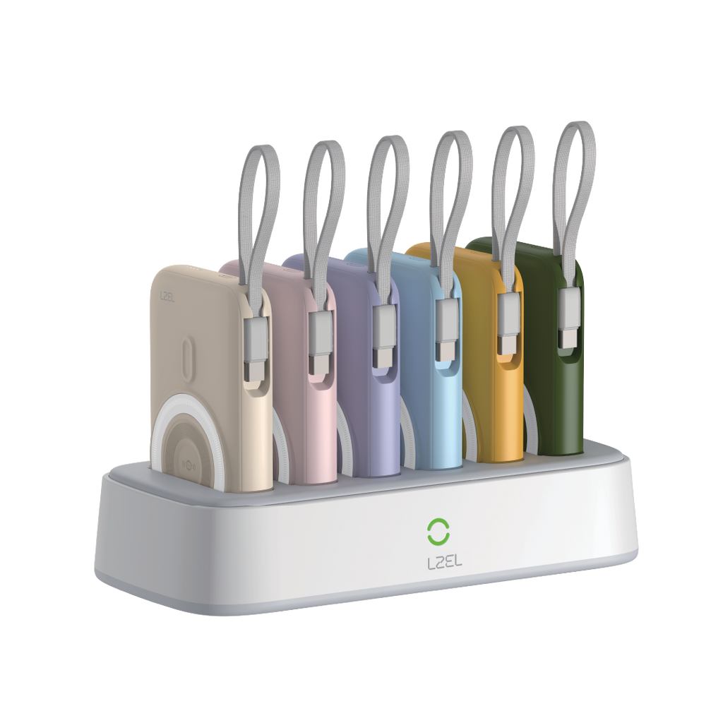 LZEL HexaEnergia Station 6x Wireless Powerbank Charging Dock | 10000mAh Full Battery | Built-in Cable | White