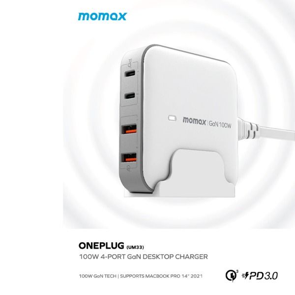 Momax Oneplug 100w 4 Ports Gan Desktop Charger White | UM33UKE