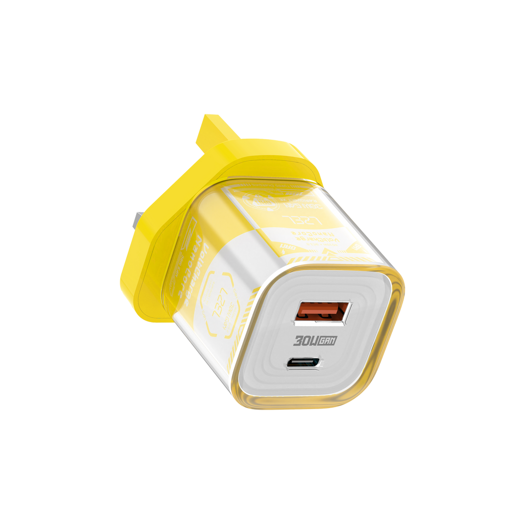 LZEL VoltCharge NanoCore – 30W GaN Transparent Wall Charger | Yellow/White