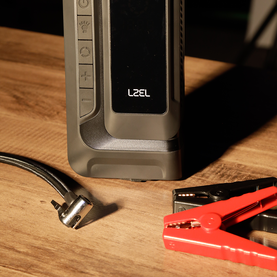 LZEL EnergizeIgnite Air 12000mAh 12V Car Jump Starter with LED Flashlight & Tire Inflator | Gray/Black