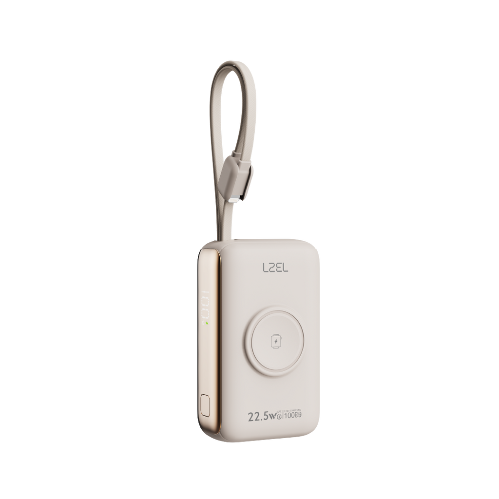 LZEL Ampflow10 Mini 10000Mah Pd Power Bank 22.5W | Built-In Type-C & Lightning Cable | Wireless Charging | Beige