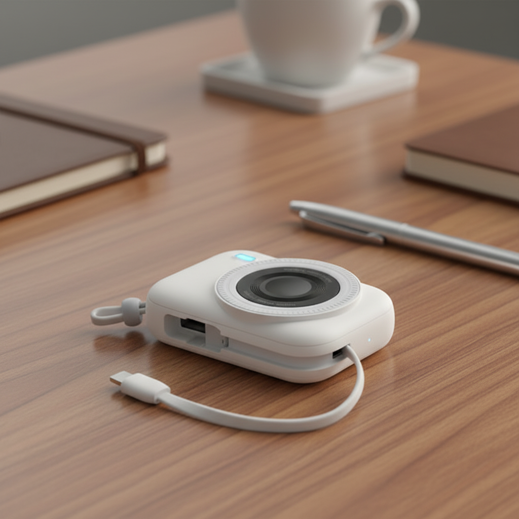 LZEL NanoFlex Nova – 10,000mAh Magnetic Power Bank with USB-C PD & Built-in Cable | White