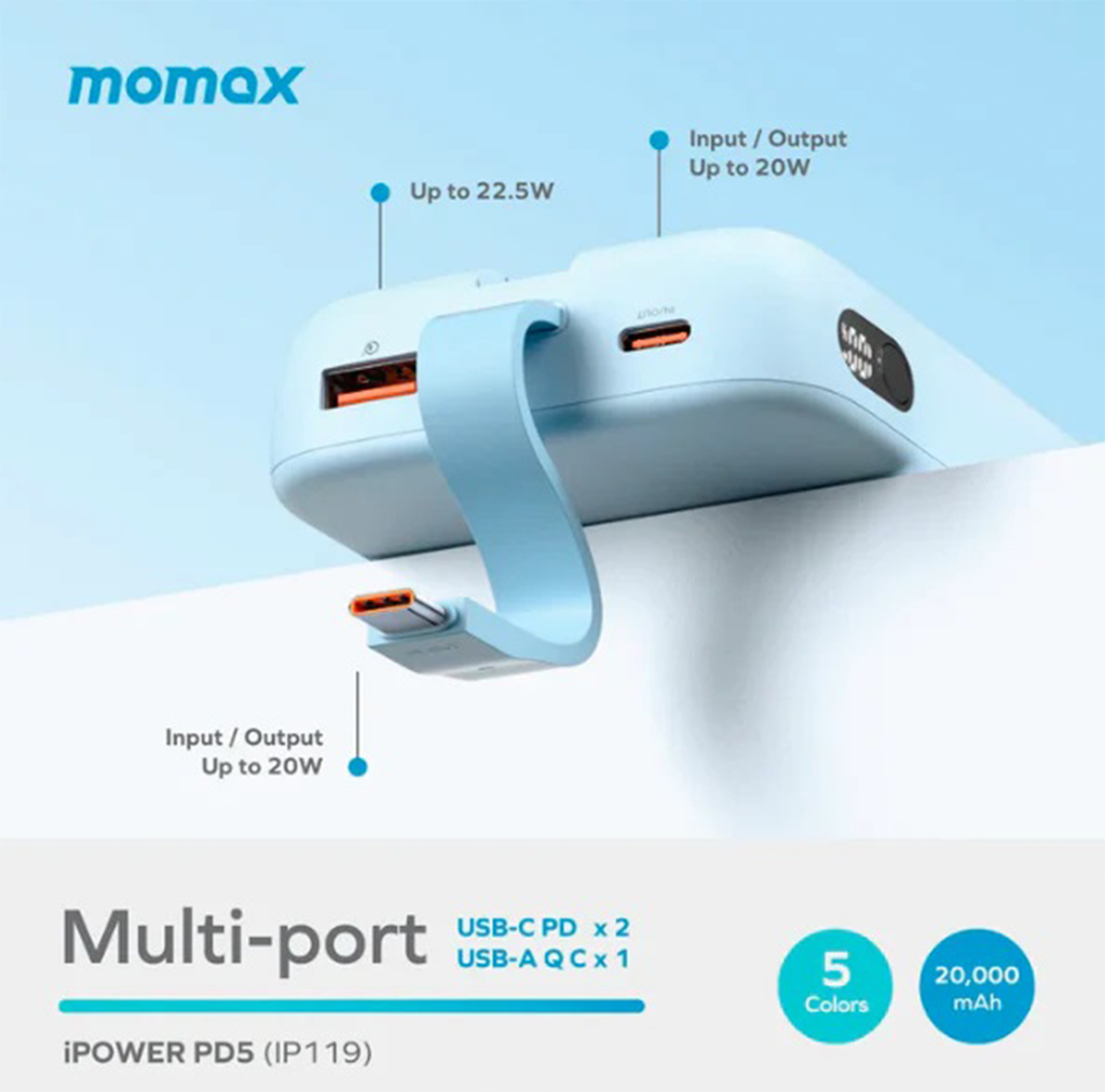 Momax 20000mah iPower Pd5 Built-in Usb-c Cable Power Bank | Blue