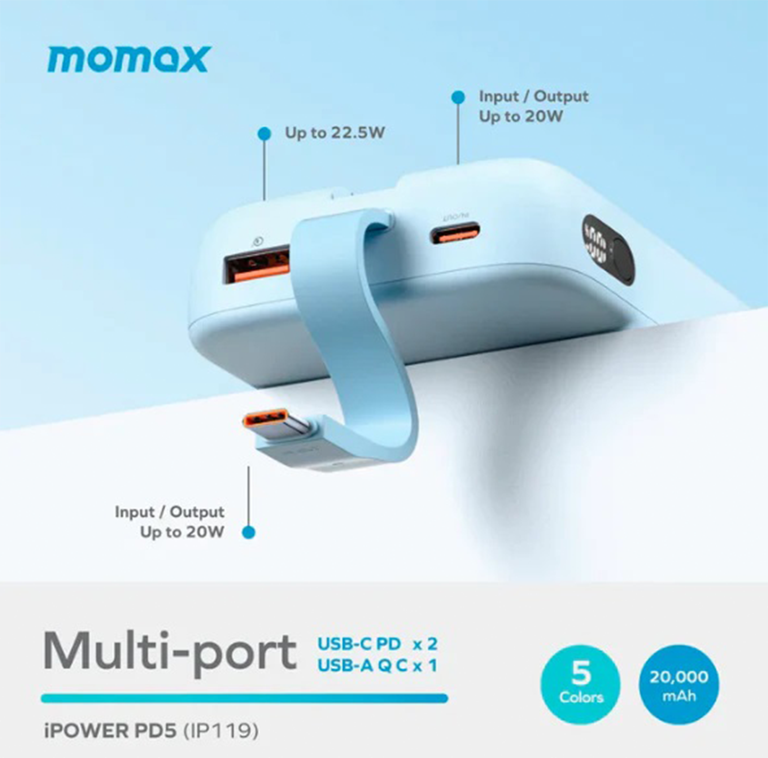 Momax 20000mah iPower Pd5 Built-in Usb-c Cable Power Bank | Blue