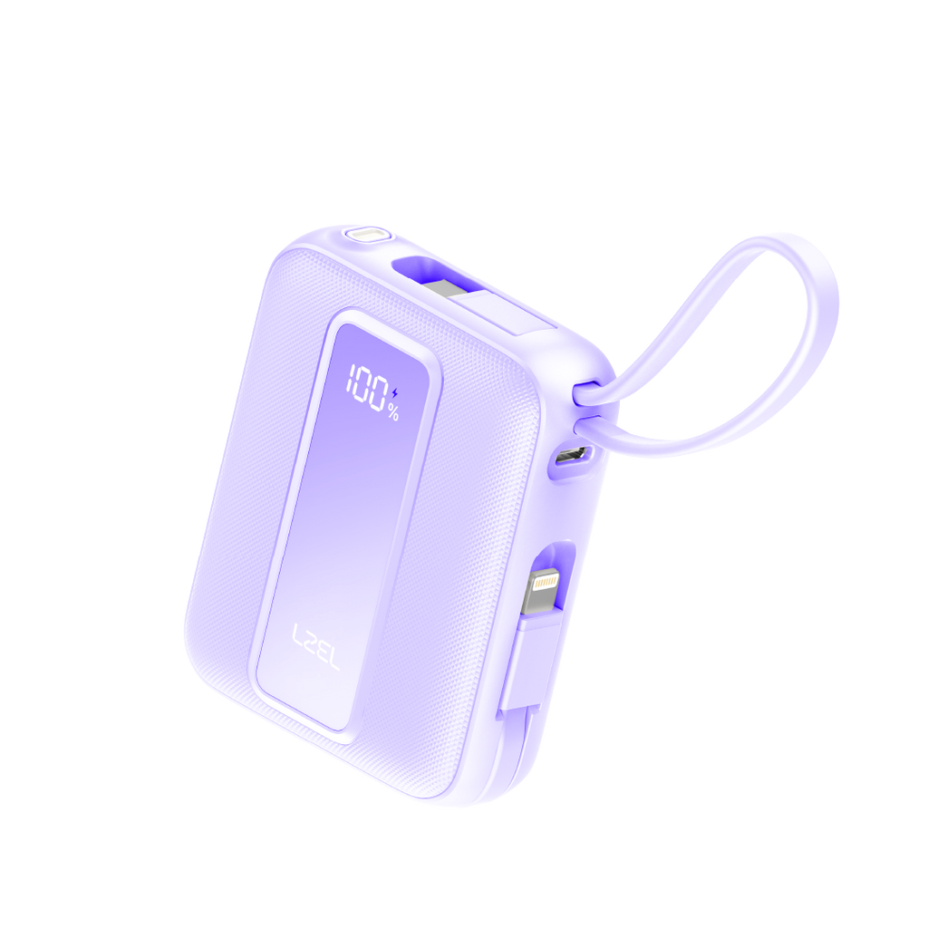 LZEL AMPNEO1O Mini 10000mAh PD Power Bank 30W | Built-in Type-C & Lightning Cable | Type-C Input/Output | Purple