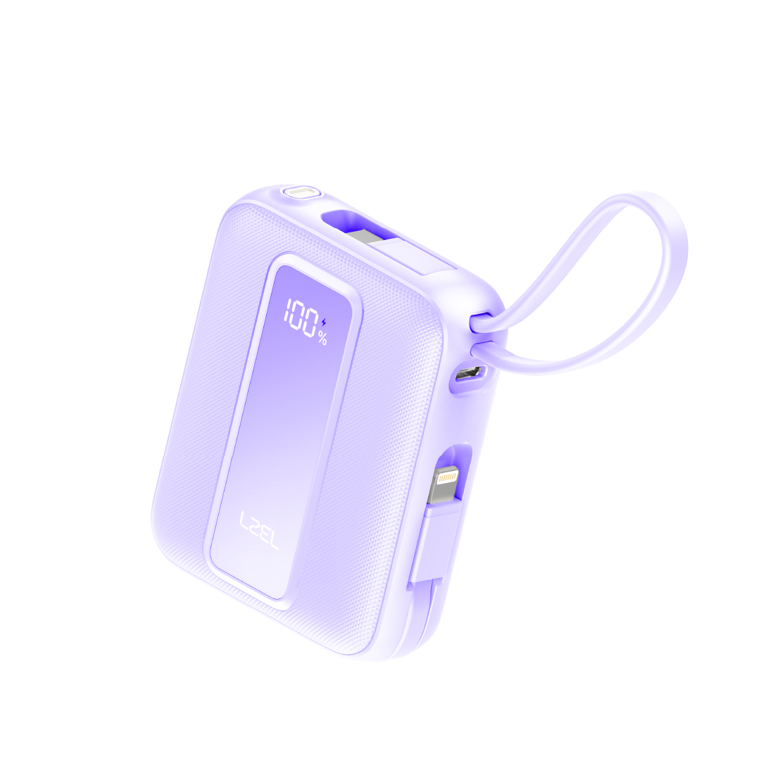 LZEL AMPNEO1O Mini 10000mAh PD Power Bank 30W | Built-in Type-C & Lightning Cable | Type-C Input/Output | Purple
