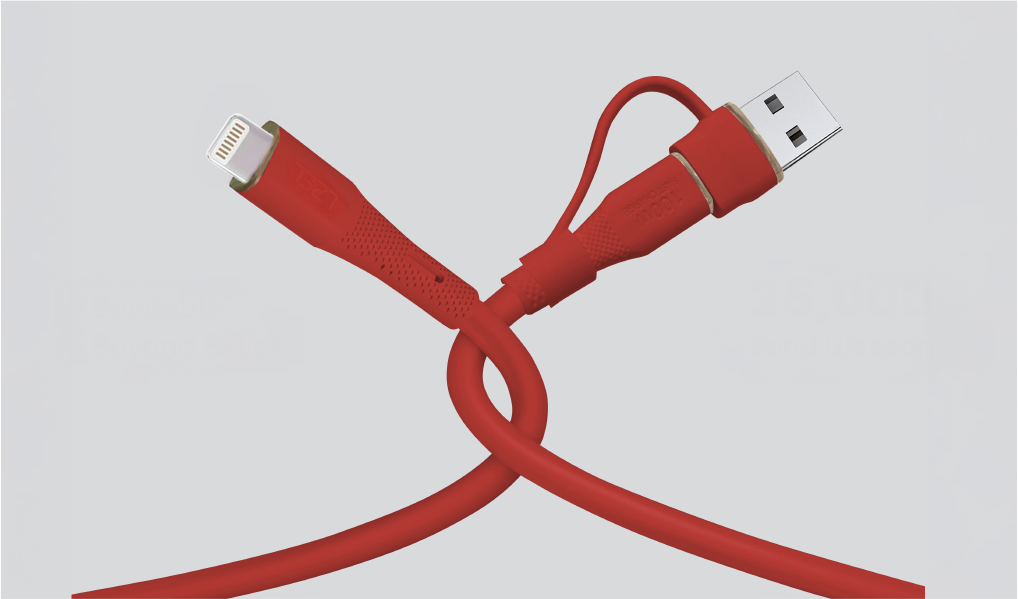 LZEL Celeris PowerDuo – 2-in-1 USB-C to Lightning 27W Silicone Cable (2m) Built-in USB-A Connector | Red