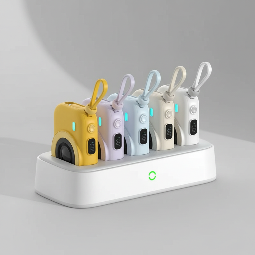 LZEL PentaEnergia Station - 5X 10,000mAh Wireless Power Bank Charging Dock with Colorful Batteries & Built-in Cable | White